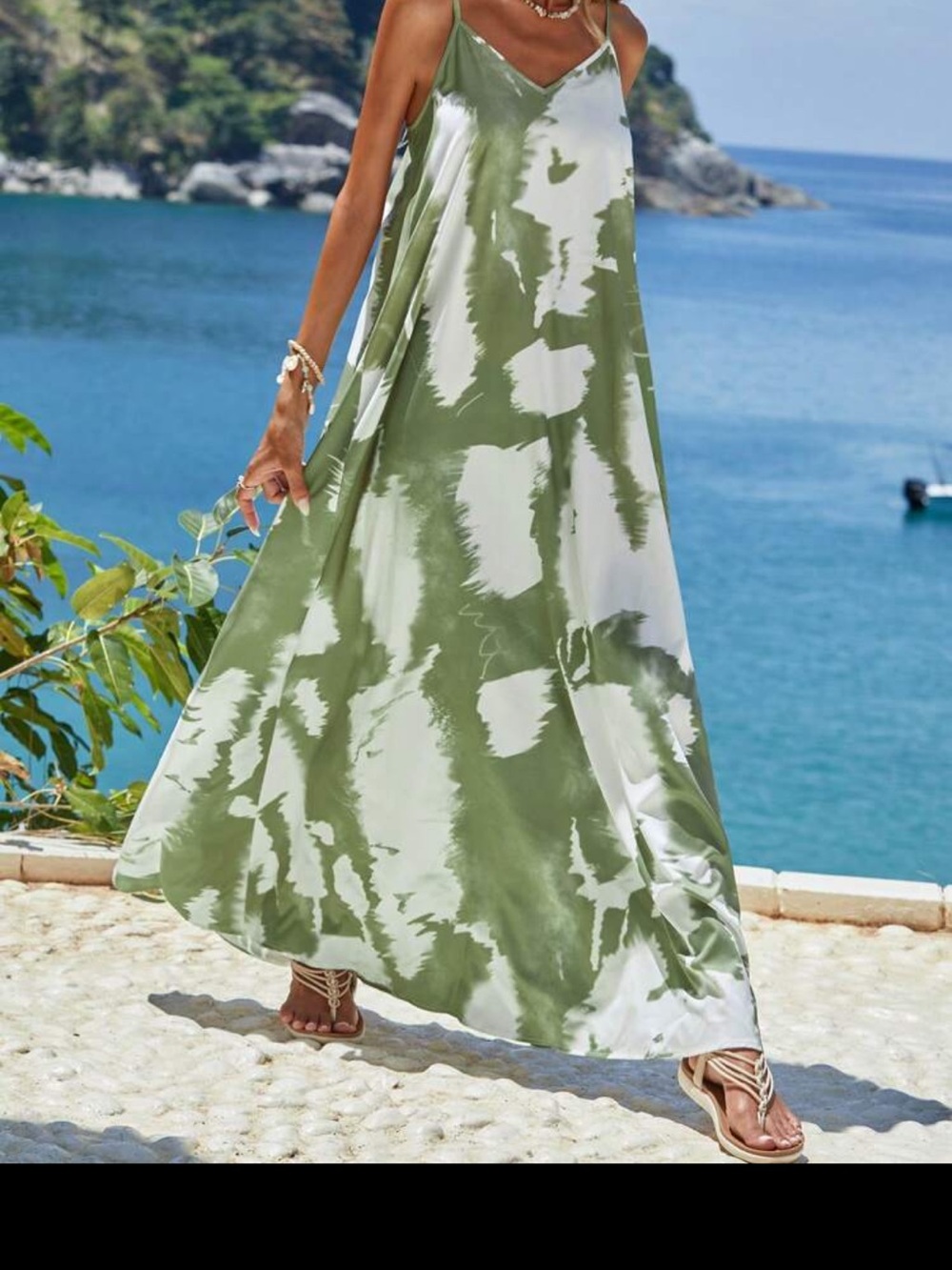 SHEIN Olive Green and White Tie-Dye Slip Maxi Dress